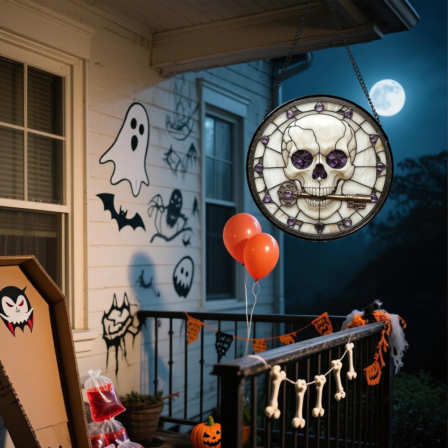 Stained Glass Window Hanging - Halloween Scary Skull Suncatcher for Doors Garden Home Spooky Purple Skeleton Key Sun Catchers Gothic Decor Horror Gifts for Women Men Friend Boy Girl 9.8 in