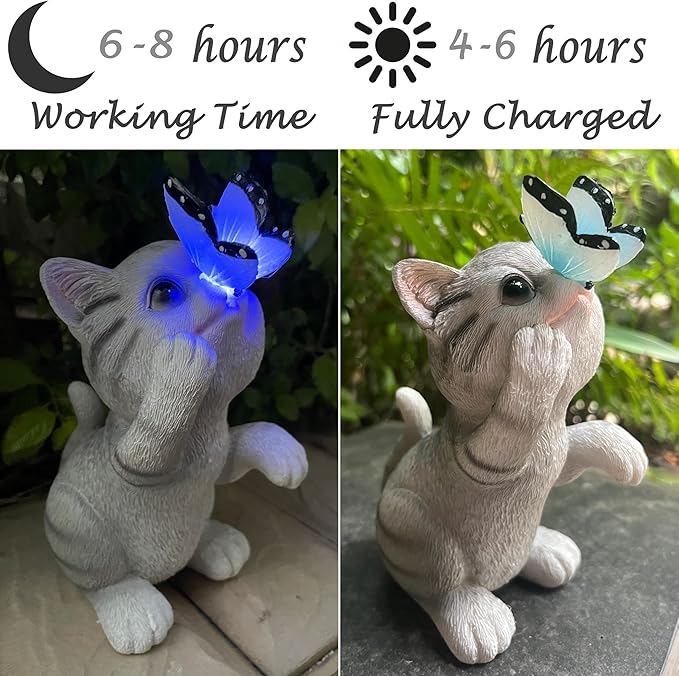 Solar Cat Outdoor Figurines Garden Decor with Butterfly Cat Statue Light for Lawn Ornaments Porch Patio Balcony Yard Decorations Outdoor Birthday Gifts for Women Grandma Mother’s Day