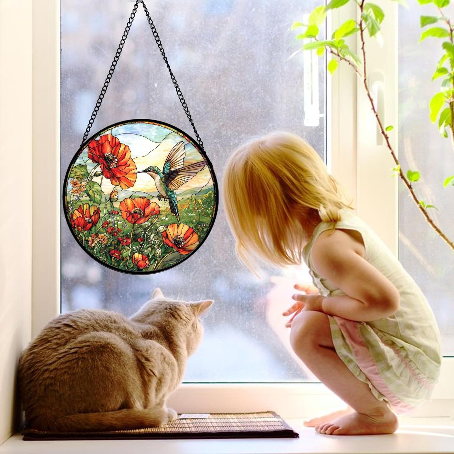 Stained Glass Window Hanging, Hummingbirds Orange Flowers Suncatcher Diamond Glass Panel Hangings Sun Catchers Decor for Birthday for Women, Men, Wife, Aunt, and Mom 7.8 in