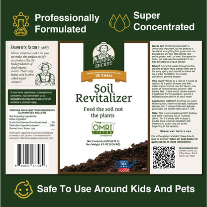 Farmer’s Secret Soil Revitalizer (8oz) - Organic (OMRI Listed) Dirt Health Booster - Liquid Compost Soil Amendment - Activated Humic Acid - Great for Fall Application