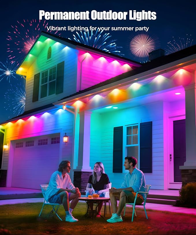 POOFZY Permanent Outdoor Lights for House, 200ft RGB+IC Smart Outdoor Decor, 50 Scene Modes, App/Remote Control, IP68 Waterproof, for Christmas, Holiday, Daily & Pool Party Decor, House Roof Lighting