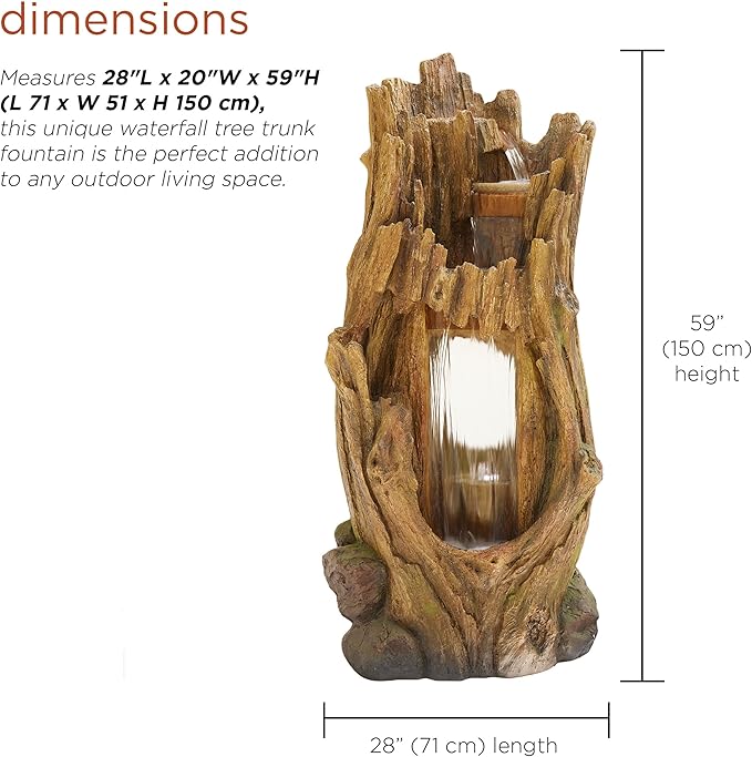 Alpine Corporation TZL338 Outdoor 3 Tier Waterfall Tree Trunk Floor Fountain with LED Lights for Patio, and Lawn Decor, 59 Inches Tall
