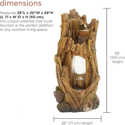 Alpine Corporation TZL338 Outdoor 3 Tier Waterfall Tree Trunk Floor Fountain with LED Lights for Patio, and Lawn Decor, 59 Inches Tall