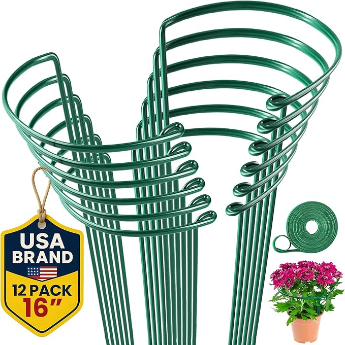 K-Brands 12 Pack Plant Support Stakes – Heavy-Duty Half Round Peony Support Ring and Cage for Indoor and Outdoor Plants – Peony, Tomato, Hydrangea, Rose 10" Wide x 16" High