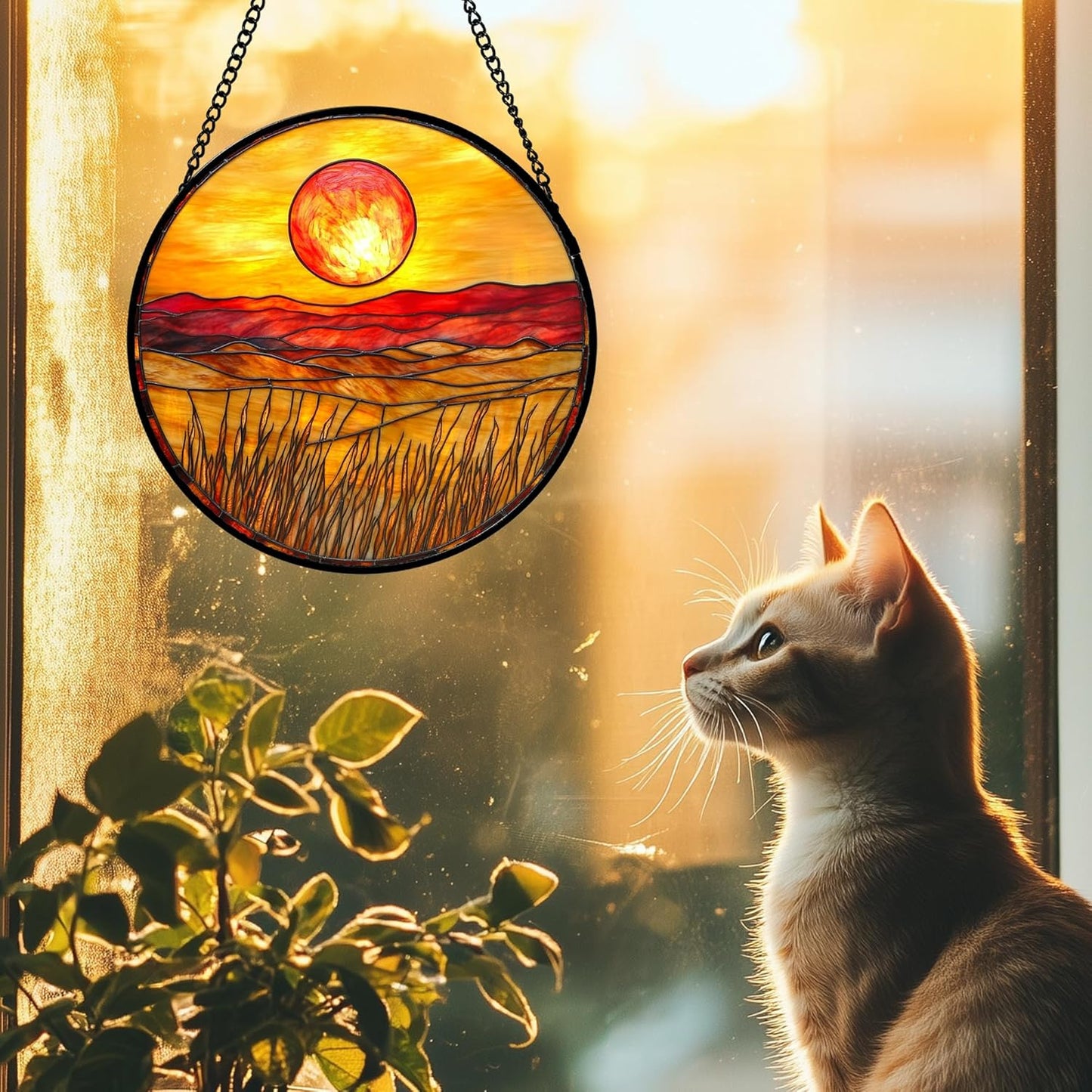 Stained Glass Window Hanging 4 Pcs Set Desert Sunset Theme Landscape 7.8" - Suncatcher Door Garden Sun Catcher Decor Birthday Christmas for Mom Woman Nana Men