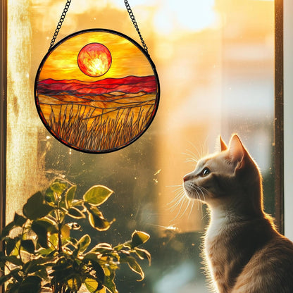 Stained Glass Window Hanging 4 Pcs Set Desert Sunset Theme Landscape 7.8" - Suncatcher Door Garden Sun Catcher Decor Birthday Christmas for Mom Woman Nana Men