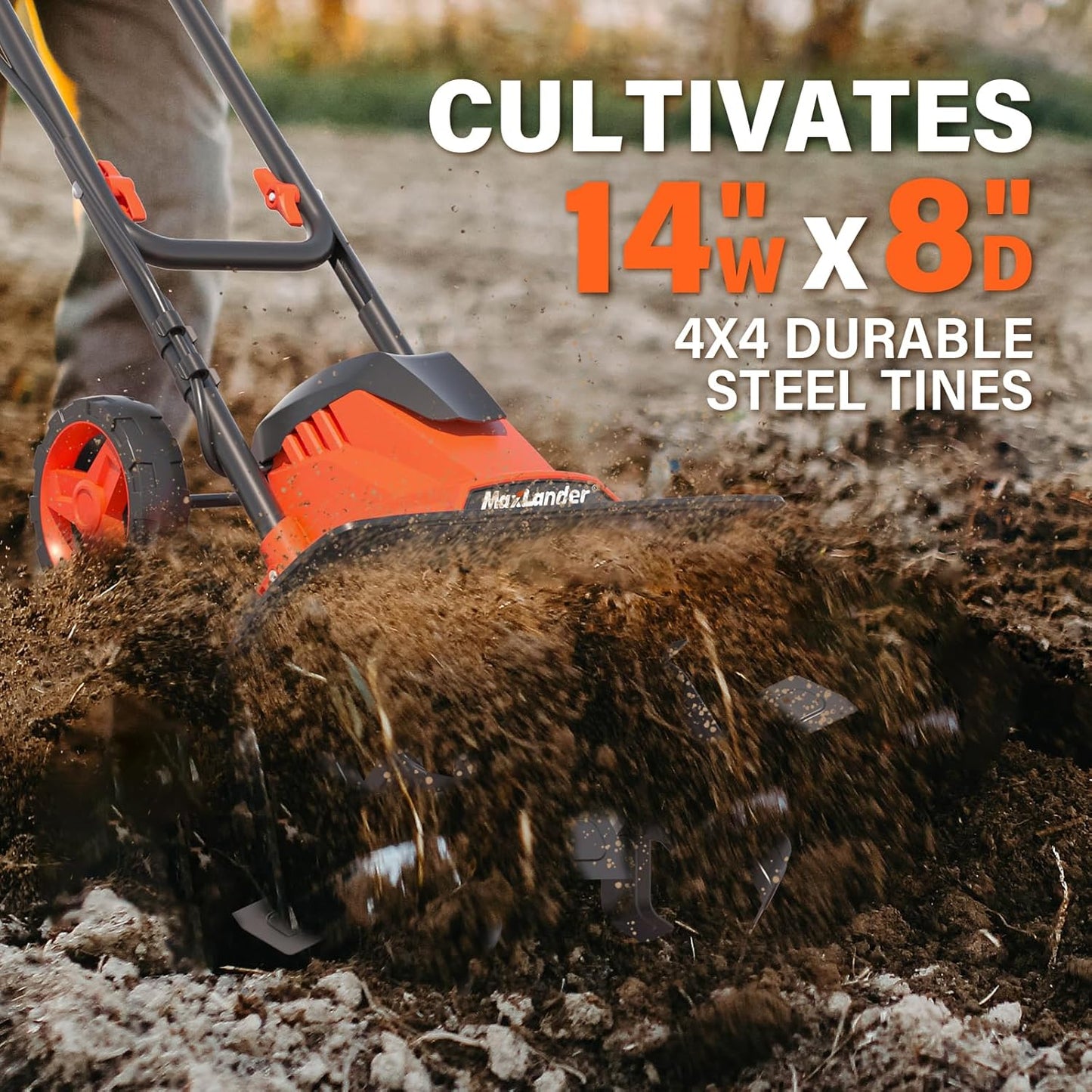 MAXLANDER Electric Tiller Cultivator, 14 Inch 12 Amp Corded Tiller for Gardening with Foldable Handle, 4 Steel Tines, Garden Rototiller with Wheels for Lawn Yard Soil Cultivation