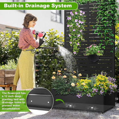 Metal Planter Box with Trellis, 72"x35"x16" Metal Raised Garden Bed with Trellis, Trellis Planter Box with Drainage Holes & Lockable Casters for Climbing Plants, Vegetables, and Vines