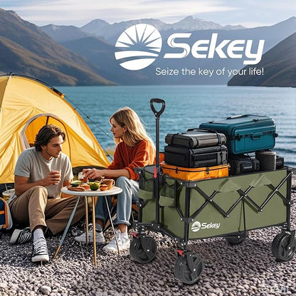 Collapsible Wagon Cart with Big All-Terrain Beach Wheels, Foldable Heavy Duty Wagons with Cup Holders, Utility Carts for Camping, Garden, Outdoor, Grocery, Sports. Khaki