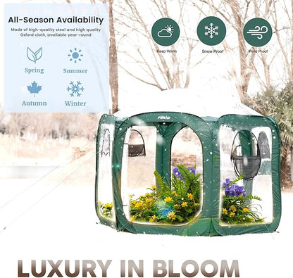 Porayhut Pop up Greenhouse Tent,Portable Large Walk-in Plant House 10’X10’ ,Indoor Outdoor Gardening Plant Sunshine Room with PVC Mesh Cloth Cover for Protecting Plant from Cold Frost & Birds