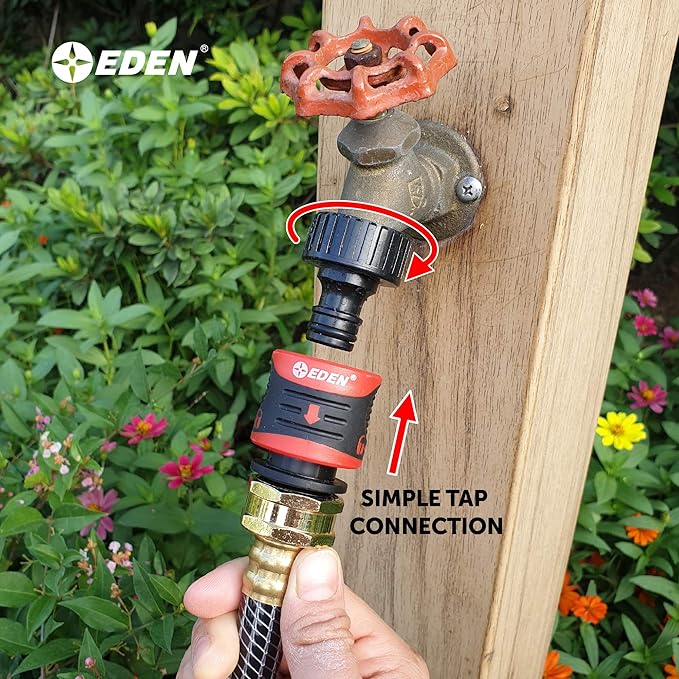 Eden 95124 Adjustable 4-Way Mini Turbo Oscillating Sprinkler W/Quick Connect Starter Set, Covers up to 4,069 sq. ft. Heavy Weight Base & 95210 Premium Garden Hose Fitting Quick Connect, 5 pc Set