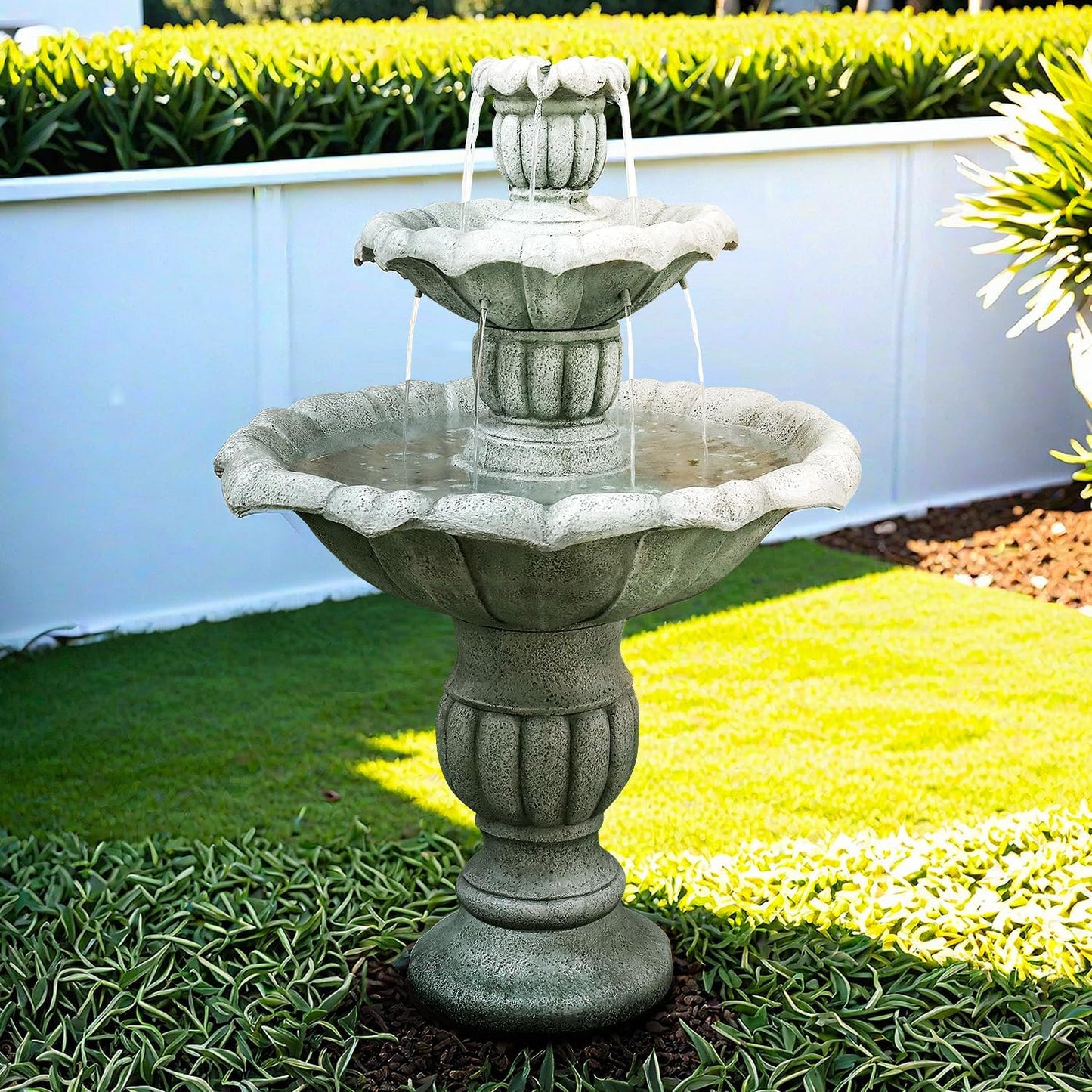 SunJet 39.3” High Modern Concrete Outdoor Water Fountain - 3 Tiered Large Floor Water Fountain and Waterfalls with Electric Pump for Garden, Patio, Yard, and Deck Decor, Featuring Natural Stone Look