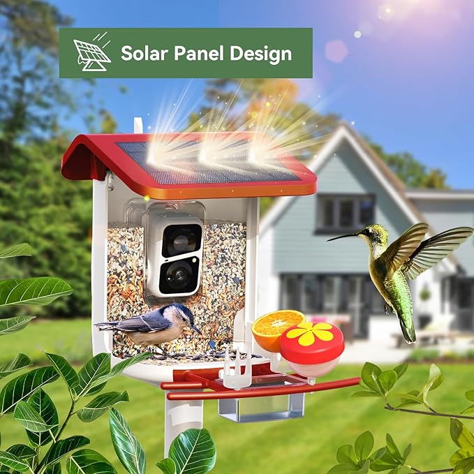 Smart Bird Feeder with Camera, Solar Bird Feeder - 2K HD Live Video Camera AI Identify Birds, Visible Window Auto Capture -Instant Arrival Alerts, Birds Lover Gifts (Red)