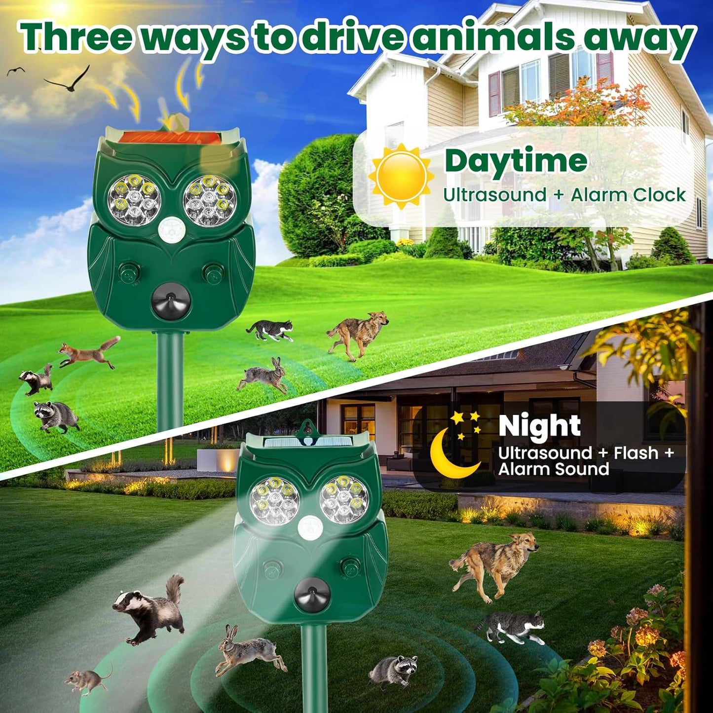 Solar Ultrasonic Animal Repellent Outdoor, 2Pack Waterproof Deer Repellent Devices with RIP Motion Sensor LED Flashing Lights, Cat, Raccoons, Skunks, Rabbits Deer Deterrent Outdoor