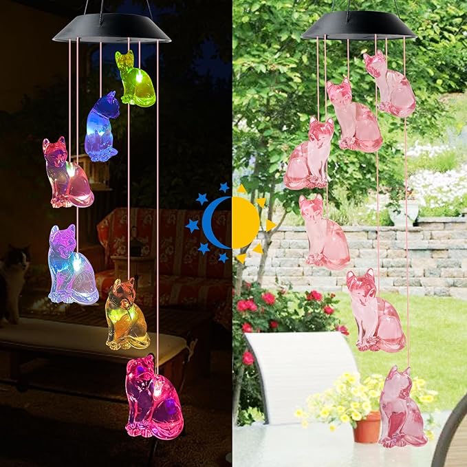 Cat Wind Chimes, Solar Cat Lights for Outside, Gifts for Cats Lovers, Birthday Gifts for Women, Mom, Ded, Grandma, Garden Lawn Yard Outdoor Decor Mobiles Wind Chime, Cats Themed Gift
