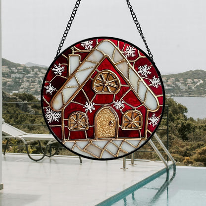 Stained Glass Window Hanging 4 Pcs Set Red Christmas Themed Decorations 7.8" - Suncatcher Door Garden Sun Catcher Decor Birthday New Year for Mom Woman Nana Men