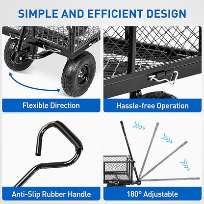 Yesker Steel Garden Carts - 800lbs Dump Wagon with All Terrain Inflatable Wheels for Yard Lawn Farms Gardening - Heavy Duty Utility Outdoor Hauling Wheelbarrow