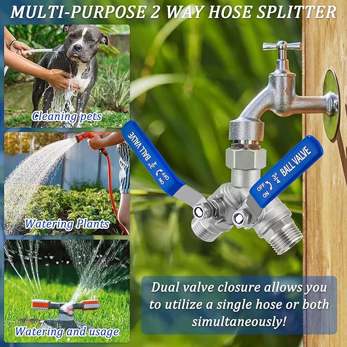 304 Stainless Steel Garden Hose Splitter 2 Way Heavy Duty, Full Flow Water Hose Splitter with Long Handle, Lead-Free, 3/4" GHT Thread, with 2 Washers, 1 Tape & Wrench