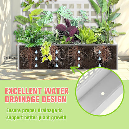 Metal Planter Box with Trellis, Raised Garder Bed with Drainage Hole, Privacy Screen & Trellis for Climbing Plants, Outdoor Plant Stands, 47''L×17''W×71''H, White