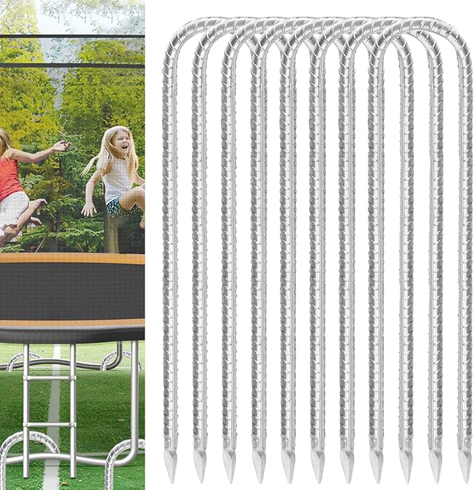 Trampoline Stakes Anchors High Wind 16inx10mm Galvanized U Hook 8pcs Rebar Stakes – Heavy Duty Ground Anchors for Trampoline,Yard & Inflatable,Landscape Metal Stakes for Outdoor Decorations