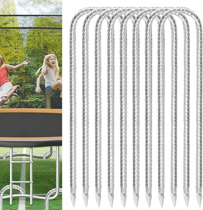 Trampoline Stakes Anchors High Wind 16inx10mm Galvanized U Hook 8pcs Rebar Stakes – Heavy Duty Ground Anchors for Trampoline,Yard & Inflatable,Landscape Metal Stakes for Outdoor Decorations