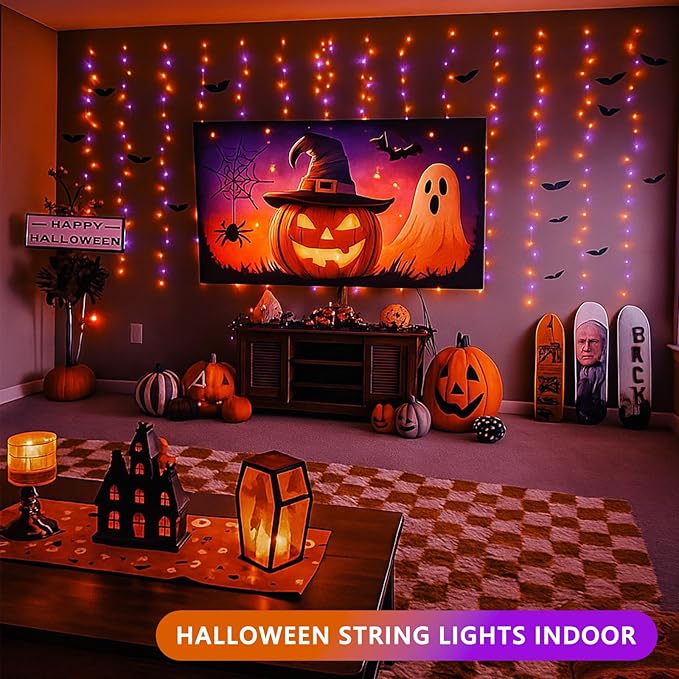 Upgraded Connectable 200 LED Halloween String Lights Outdoor Indoor, 66FT Orange and Purple Halloween Lights 13 Modes, Waterproof Twinkle Fairy Lights Plug in Clear Wire for Tree, Bedroom Decoration