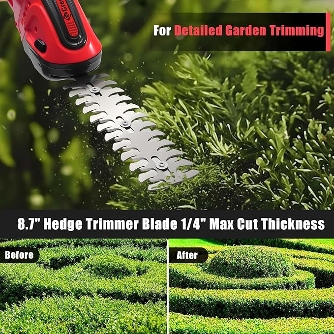 Cordless Hedge Trimmer, 2-in-1 Handheld Electric Hedge Trimmer/Grass Shears for Garden,Yard and Lawns, Shrub Trimmer with 2 PCS Rechargeable Battery&Charger (Red)