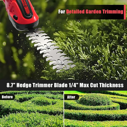 Cordless Hedge Trimmer, 2-in-1 Handheld Electric Hedge Trimmer/Grass Shears for Garden,Yard and Lawns, Shrub Trimmer with 2 PCS Rechargeable Battery&Charger (Red)