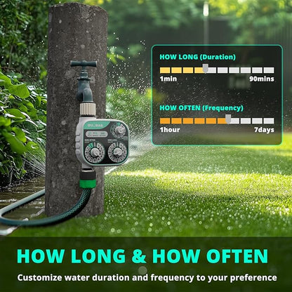 QUOBAS 3-Dial Analog Water Timer, Mechnical Control Automatic Sprinkler Timer with Manual and Rain Delay, for Garden Hose Watering, Drip Irrigation, Self-Watering System, Easy to Set Up