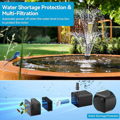 POPOSOAP Solar Fountain Pump with 3600mAh Battery Backup, 8W Solar Powered Bird Bath Fountain with Dry-run Protection & Double-layer Nozzles 5Ft Tubing for Pond, Bird Bath, Backyard Water Feature