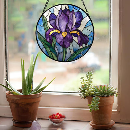 Stained Glass Window Hanging - Iris Birth Flower Suncatcher for Doors Garden Yard Purple Blue Sun Catchers Decor Christmas Mother's Day Birthday Gifts for Teacher Women Mom Nana 9.8 in