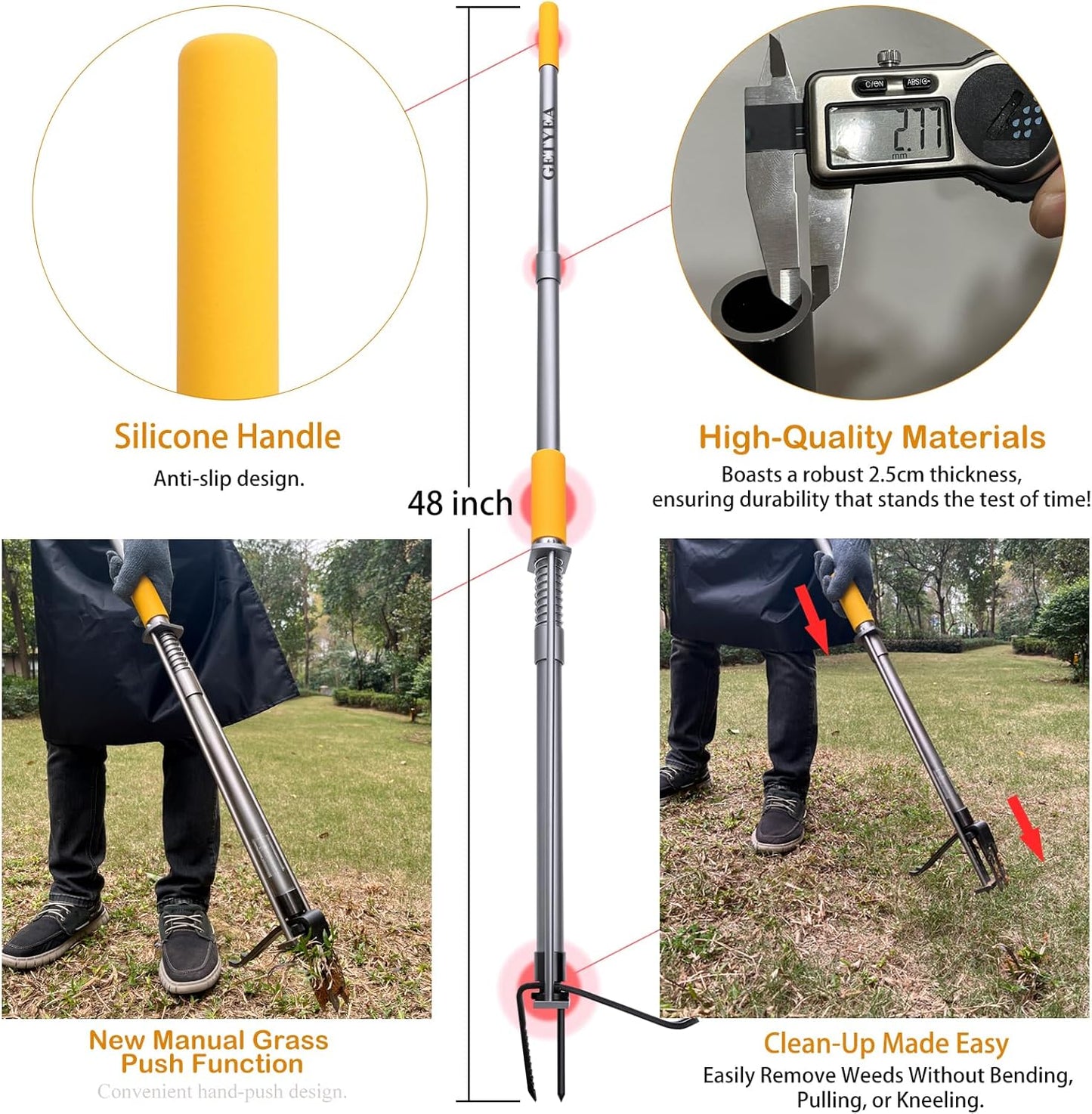 Metal Manual Weeder-48 Stand Up Weed Puller Tool with Steel Push Handle - Made with All Steel & 4-Claw Steel Head-Easily Remove Weeds in Garden Yard Lawn Without Bending Or Kneeling