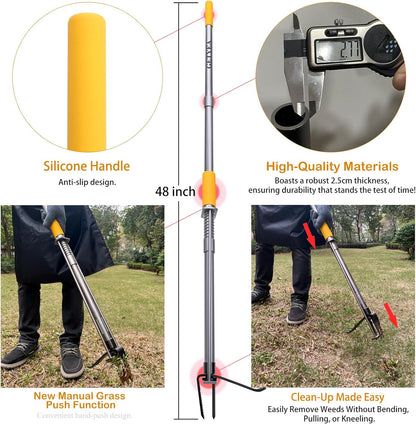 Metal Manual Weeder-48 Stand Up Weed Puller Tool with Steel Push Handle - Made with All Steel & 4-Claw Steel Head-Easily Remove Weeds in Garden Yard Lawn Without Bending Or Kneeling