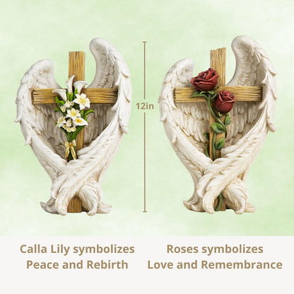 12" Angel Wings Embracing Cross and Calla Lily Garden Statue Memorial Statue