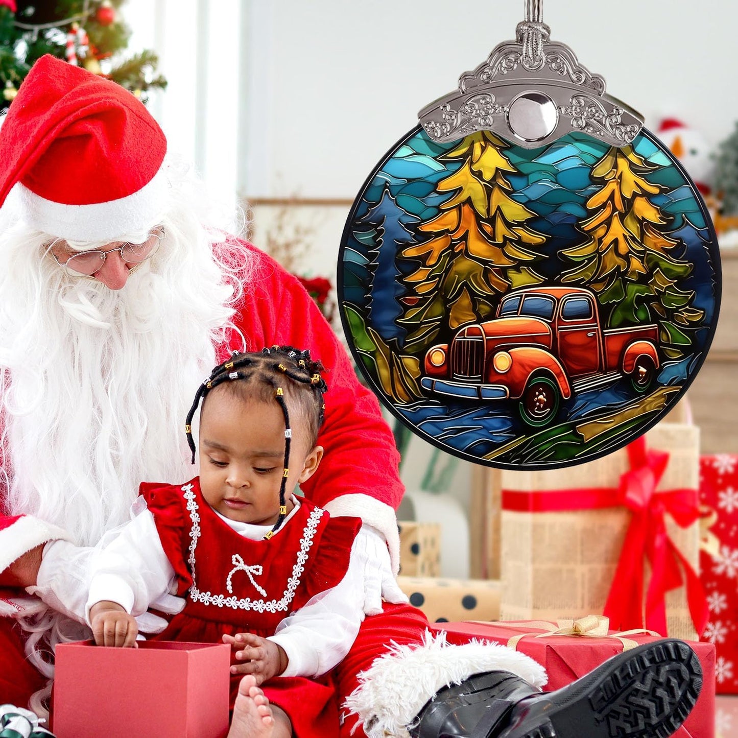 Red Truck Christmas Stained Glass Ornament - Home Decoration Gift for Xmas