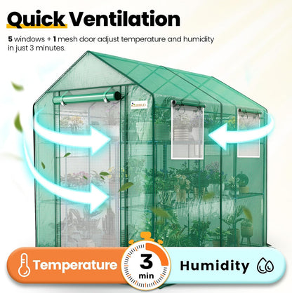 KING BIRD Premium Greenhouse for Outdoors, 84 x 56 x 77 Upgraded PE Cover & Steel Frame Walk in Hot House, w/ Zippered Screen Windows Mesh Door, 3 Tiers 20 Shelves for Outside Garden, Green