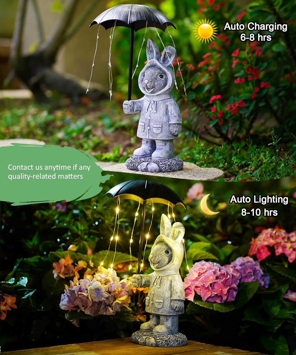 Solar Rabbit Garden Statue Outdoor Decor, Bunny Figurines Lights with Umbrella for Outside Yard Lawn Ornaments,Gifts for Mother's Day Birthday Easter Housewarming(Grey)