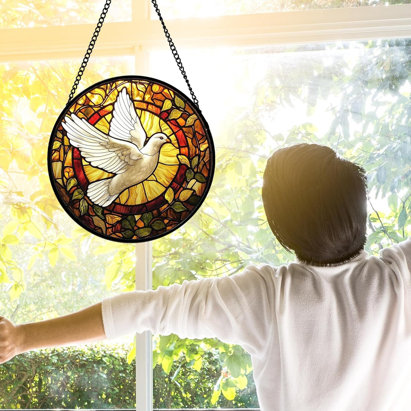 Stained Glass Window Hanging, Flying White Dove Sun Catchers Diamond Glass Panel Hangings Cute Birds Suncatcher Decor for Birthday for Women, Men, Wife, Aunt, and Mom 9.8X9.8 in
