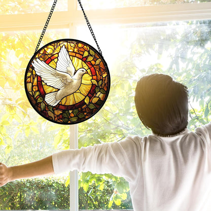 Stained Glass Window Hanging, Flying White Dove Sun Catchers Diamond Glass Panel Hangings Cute Birds Suncatcher Decor for Birthday for Women, Men, Wife, Aunt, and Mom 9.8X9.8 in