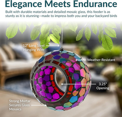 Sunnydaze 6-Inch Glass Mosaic Hanging Bird Feeder for Outdoors - Fly-Through Wild Bird Feeder - Iridescent Purple Mosaic