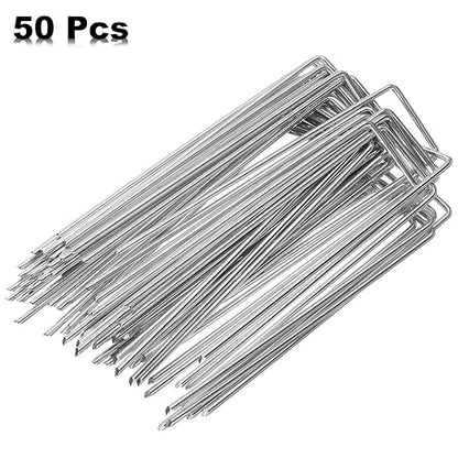 HARFINGTON 50pcs Garden Ground Stakes 6" U Pegs Galvanized Iron Landscape Staples Pointed Tip Loop Stake for Anchoring Lawn Ground Tubing Drip Irrigation Hoses
