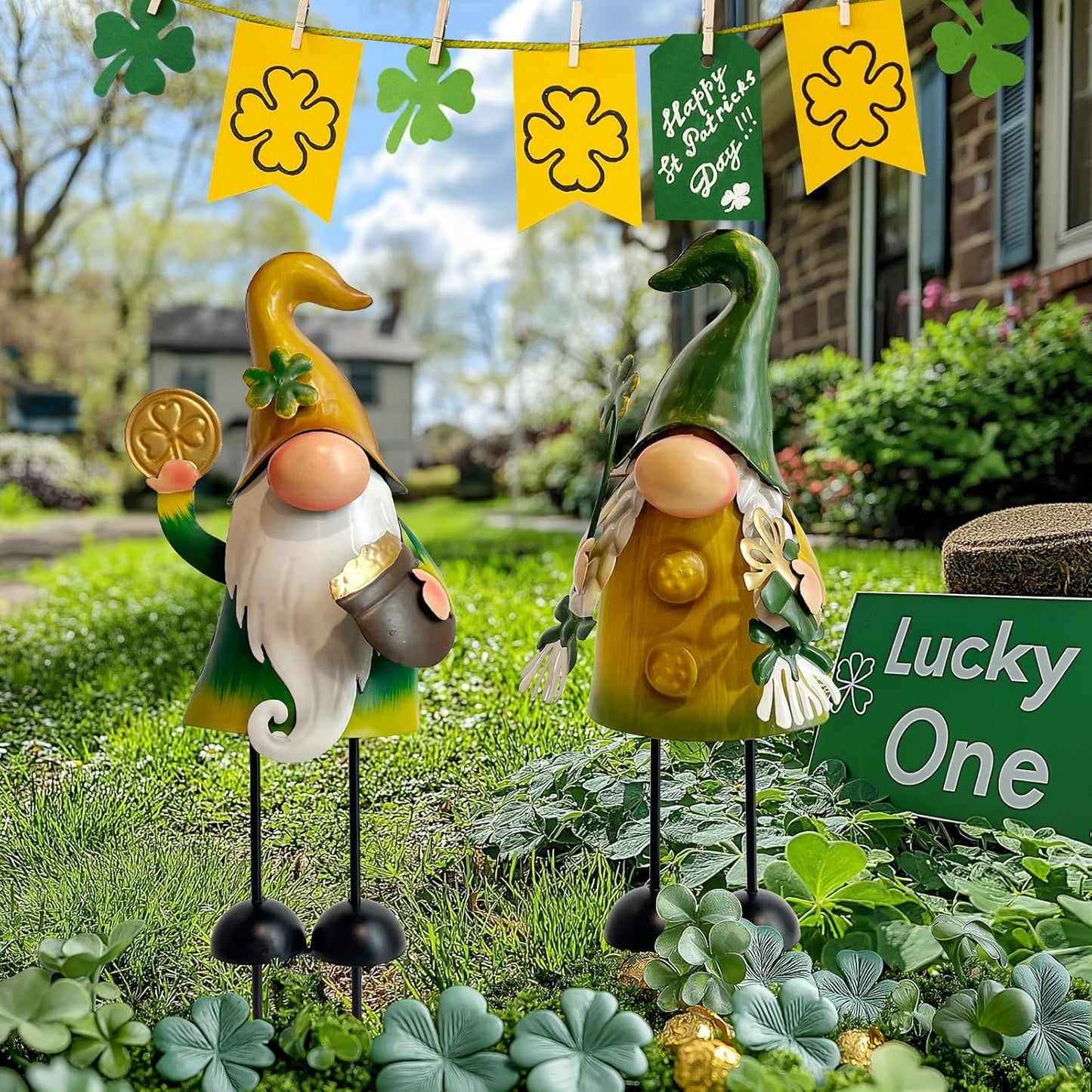 HONGLAND Fall Decor - Fall Decorations for Garden, Metal Gnomes Figurine Yard Art, Luck Shamrock Gnome for Home Outside Lawn Party Yard Patio