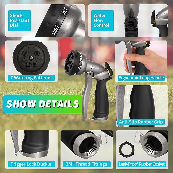 AUTOMAN Garden Hose Nozzle - 2 Pack, 100% Metal High Pressure Spray Nozzle, Labor-Saving Design, Heavy Duty for Garden Watering, Car Washing, Window Cleaning, Pets Bathing