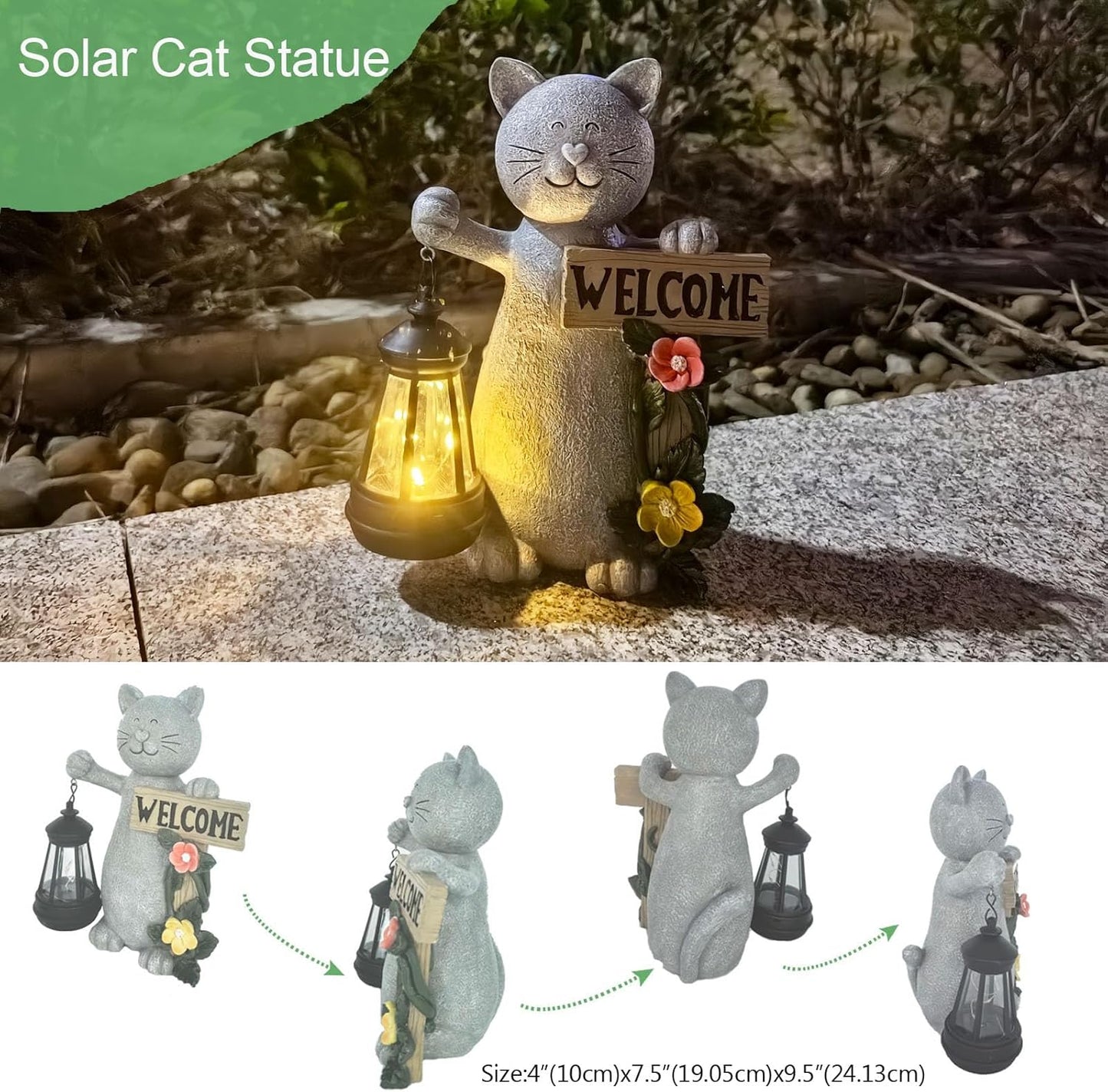 Solar Cat Statue Outdoor Decor-9.4" Welcome Garden with Sculpture Solar Lantern Flowers,Weatherproof Resin Art for Patio, Lawn,Yard Outside, for Women,Grandma,Adults,Kids,Cat Lovers
