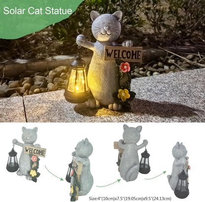 Solar Cat Statue Outdoor Decor-9.4" Welcome Garden with Sculpture Solar Lantern Flowers,Weatherproof Resin Art for Patio, Lawn,Yard Outside, for Women,Grandma,Adults,Kids,Cat Lovers