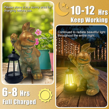 Outdoor Bunny Statue Solar Lantern for Garden Yard Lawn Patio Bronze Rabbit Figurine Decorations Housewarming Halloween Gifts for Mom Grandma Women