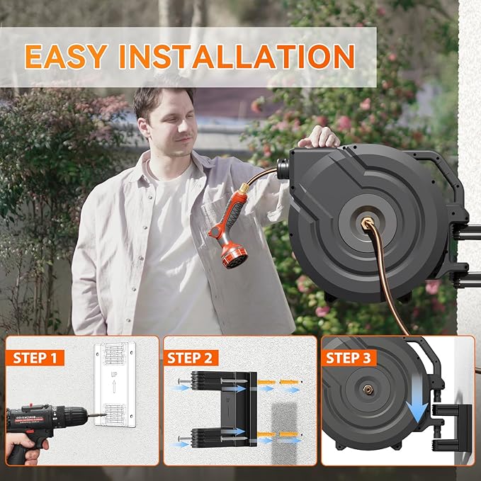 NEOTEC Retractable Garden Hose Reel 1/2 inch x 130ft - Wall Mounted Heavy Duty Hose Reel with 3/4 Inch Brass Fittings & 9-Pattern Nozzle - Auto Rewind System, Any Length Lock, 180° Swivel Bracket