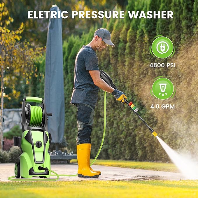 Electric Pressure Washer Adjustable 5000PSI 4.0 GPM Power Washers Electric Powered with 33ft Hose Reel, 4 Nozzle and Foam Cannon, Powerwashers Cleaner Machine for Home, Cars, Patio, Green