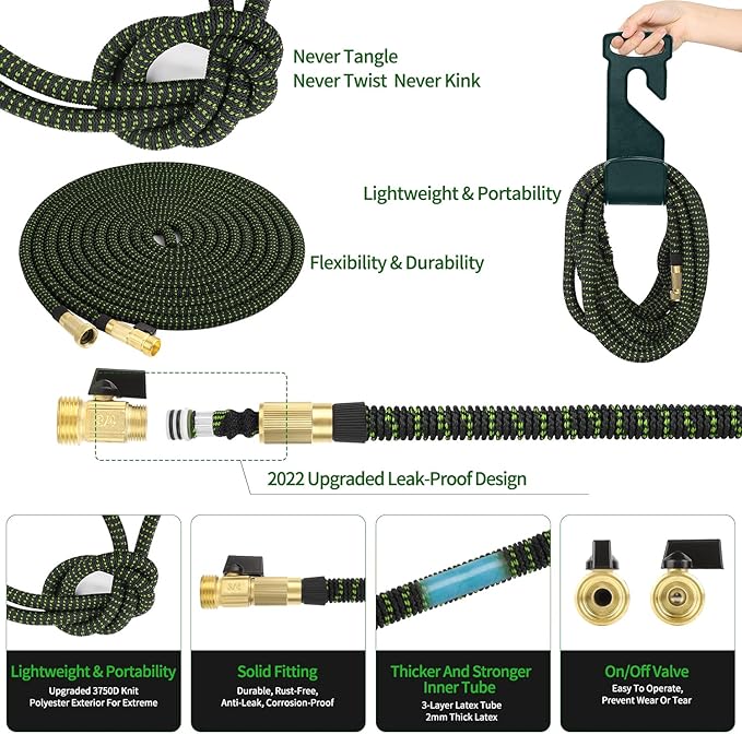 200 ft Expandable Garden Hose - Durable 3750D Fabric, 4-Layer Latex Core, Solid Brass Connectors Expanding Water Hose - 10 Spray Nozzles & Convenient Storage Bag Included