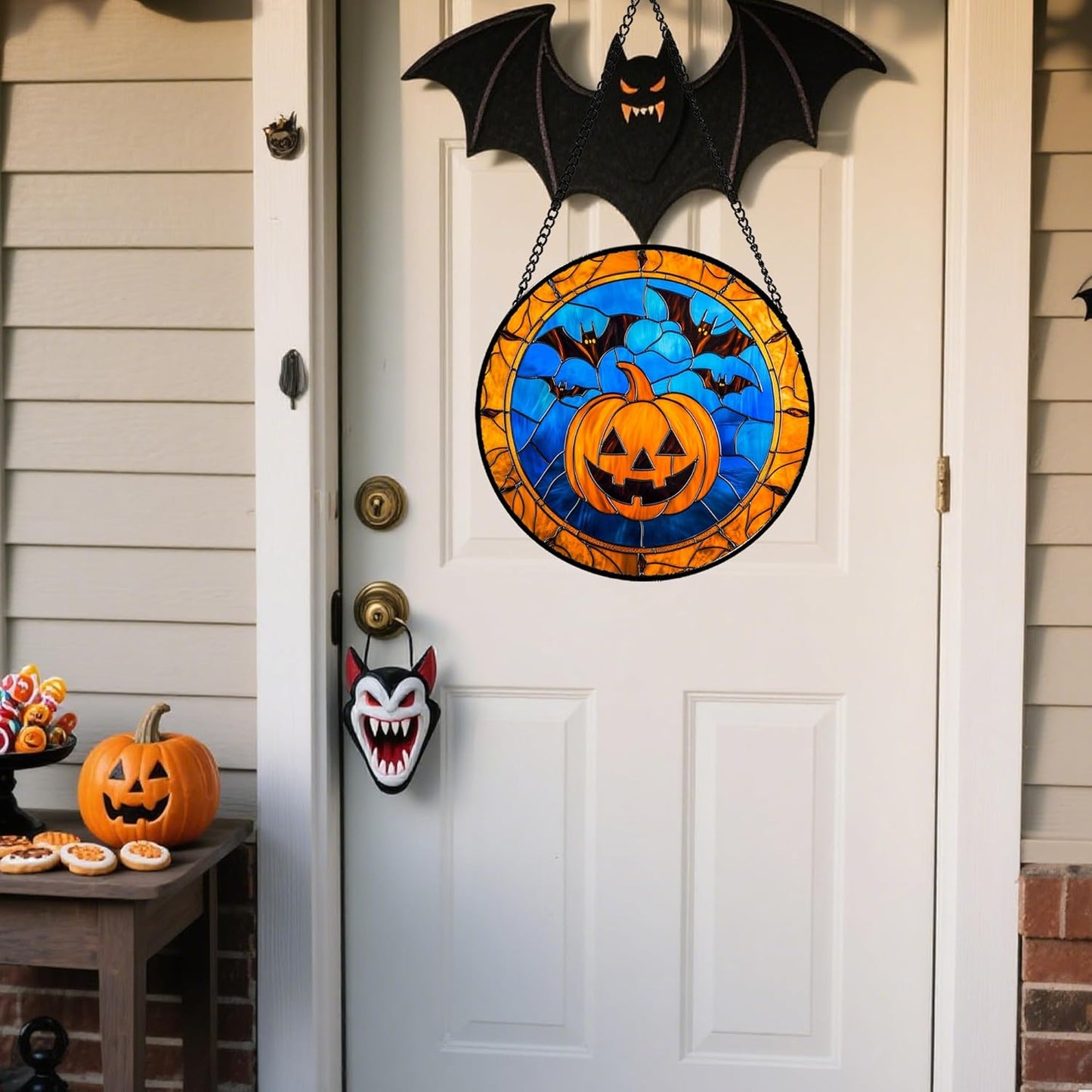 Stained Glass Window Hanging - Halloween Evil Pumpkin Suncatcher for Doors Window Garden Indoor Spooky Brown Bat Sun Catchers Gothic Decor Horror Gifts for Women Men Friend Boy Girl 7.8 in